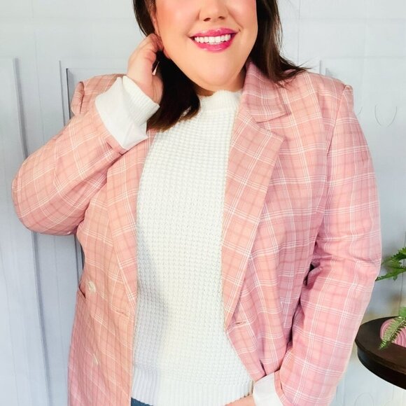 New -Pink Plaid Double Breasted Collar Lapel Blazer - Picture 11 of 14